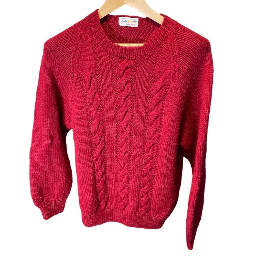 Vintage 70s 80s Handknit Cable Knit Red Sweater